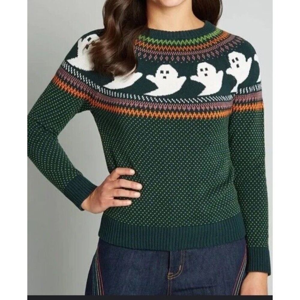 ModCloth You’ve Been Ghosted Green Ghost Fair Isle Crew Halloween Sweater Large - Picture 3 of 7